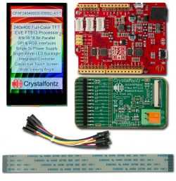 Shows everything included in a CFAF240400C0-030SC-A1-2 development kit: a "-1" module (kit and EVE board), Seeedunio, CFA10098, jumper wires, and a ribbon cable