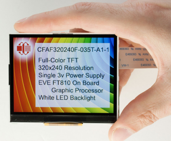 A 3.5 inch diagonal TFT LCD displaying a fact page, held in a person's hand to give size scale.
Fact page says:
CFAF320240F-035T-A1-1
Full-Color TFT
320x240 Resolution
Single 3v Power Supply
EVE FT810 On Board Graphic Processor
White LED Backlight