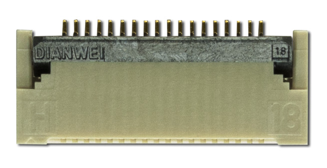 An 18-pin, .5 mm pitch, gold top and bottom ZIF connector