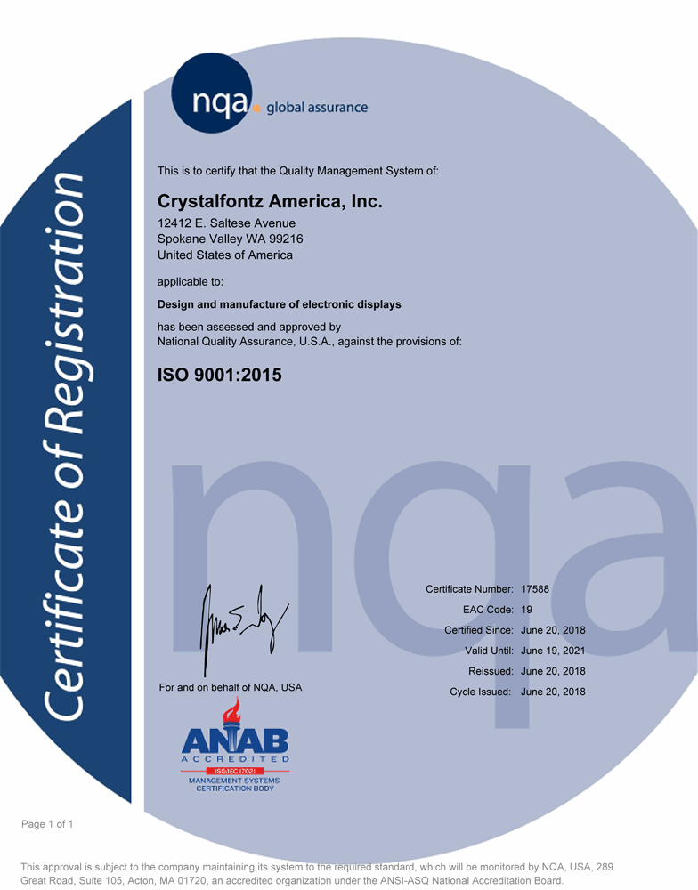 Crystalfontz ISO 9001:2015 Certificate