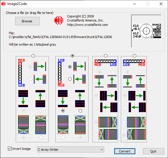 A screen shot of the Image2Code user interface. An image is loaded in the GUI Out of four ways to covert the image, the second option is chosen with LSB at the top and MSB at the bottom. Within that option, there are three sections each with two choices. In the first and second sections, the first option is chosen. The last section is greyed out.