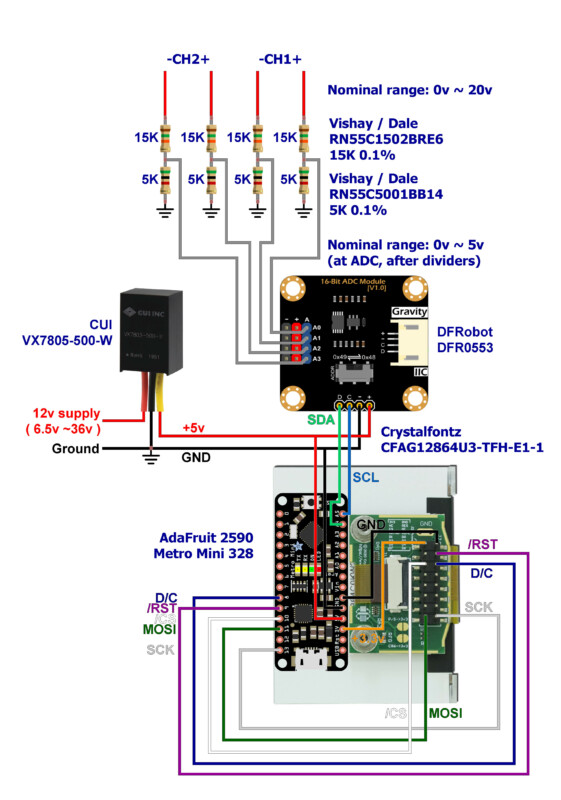 Schematic showing wiring between the LCD, ADC, MCU, etc.