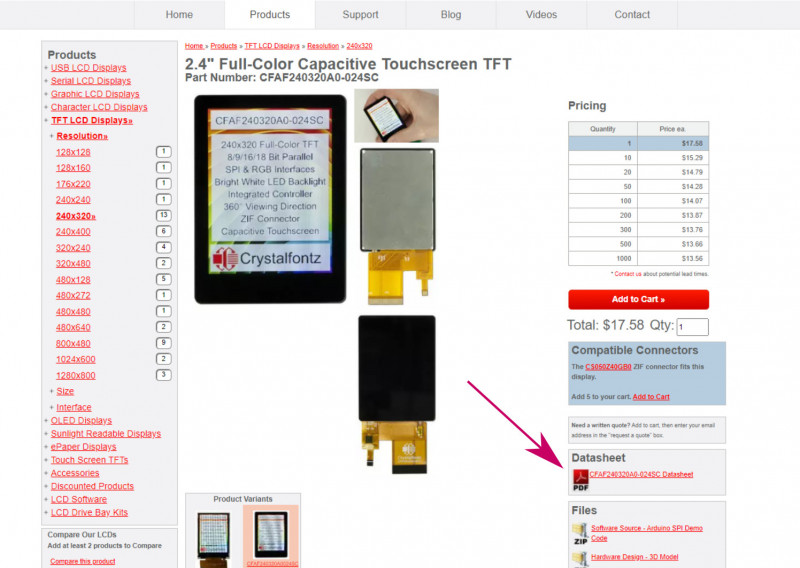 image of product page showing where to download the datasheet