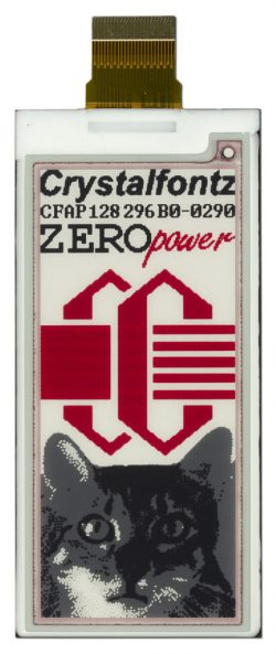 CFAP128296B0-0290 is a 2.90" graphic e-paper display, red + 3-level grayscale ‒ front view with power off, FPC unfolded.