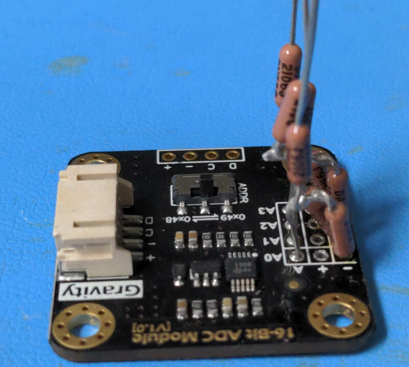 voltage divider resistors soldered directly to the ADC board