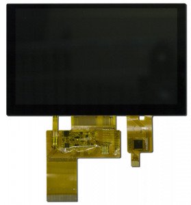 5 inch display with a capacitive touchscreen. There are two tails on the display, one for the display and one for the touchscreen.