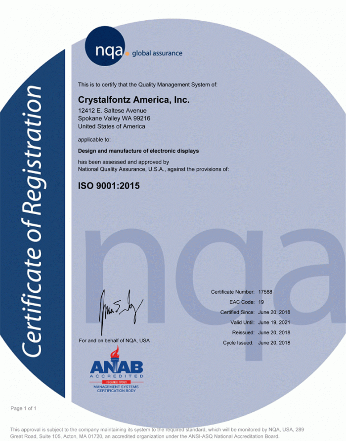 Crystalfontz ISO 9001:2015 Certificate