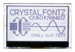 The CFA212-TFH is a complete development kit with a Seeeduino (Arduino Uno R3 clone), and a 128x64 CFAO12864D3-TFH graphic LCD display (power on, backlight on) mounted on a CFA-10072 board. This is the front view showing the display with a bit of the CFA-10072 board visible behind it. The included Arduino is behind the CFA-10072.