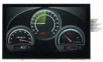 480x272 4.3 inch Capacitive Touchscreen Accelerated TFT display module. Front view, powered on showing gauge UI.