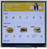 480x480 4-inch EVE Powered TFT Display solution. Front view, powered on, showing a food menu.