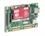 The CFA921-TS is a 5.0 800x480 color TFT LCD display with resistive touch screen. Rear view showing ARM processor and connectors.