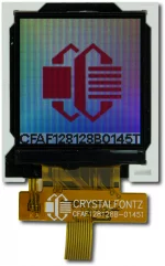 The CFAF128128B-0145T is a 1.44 inch 128x128 color TFT LCD display. Image is as the camera perceives the display.