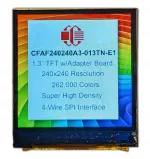 240x240 1.3 inch TFT development kit, with adapter board and micro-processor. Front view of display. 