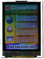 The CFAF240320E-022T is a 2.2 240x320 color TFT LCD display. Image is how the camera perceives the display.