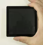 4 inch, 480x480 pixel, Full-Color TFT LCD with a capacitive touchscreen. in-hand to show size and perspective.