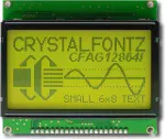 128x64 graphic LCD with dark letters on a yellow-green background. Front view, backlight on.