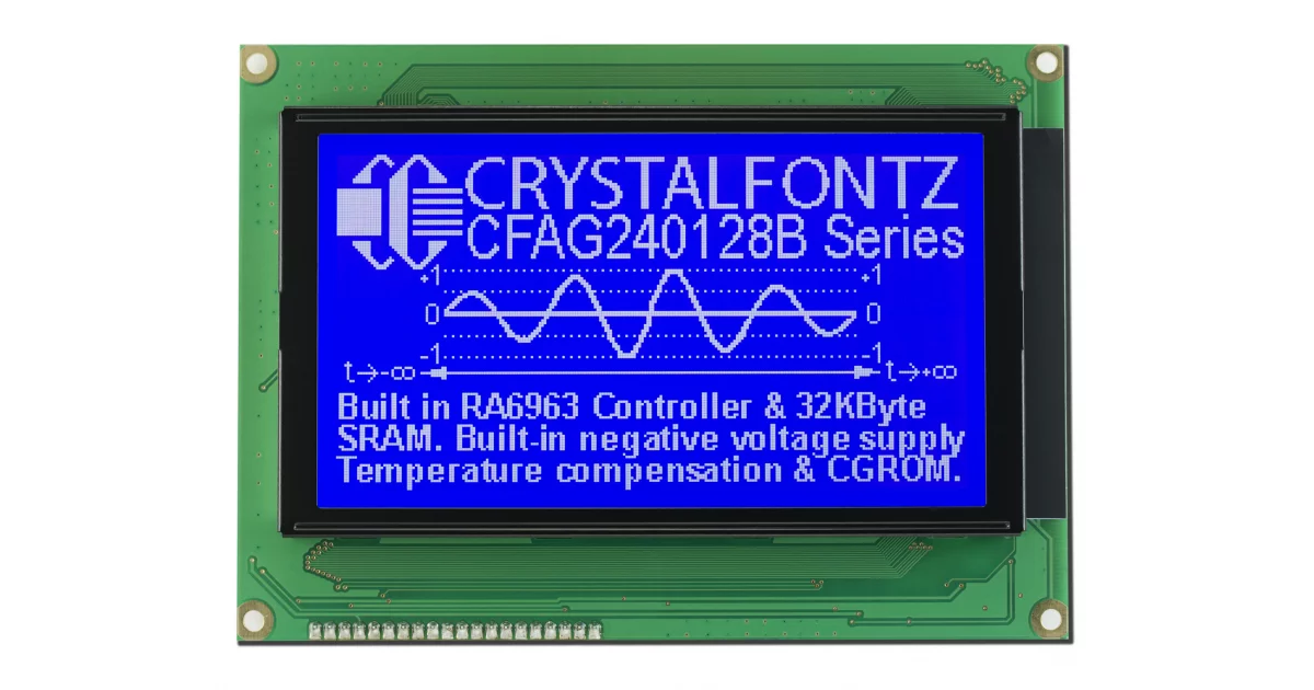 White on Blue 240x128 Graphic LCD from Crystalfontz