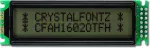 The CFAH1602O-TFH-ET is a dark on light gray character LCD display module, front view, power off is still readable.