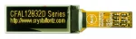 The CFAL12832D-BY is one of three CFAL12832DB* series. It is a yellow-on-black graphic OLED - front view, power on. ZIF FPC tail shown cropped.