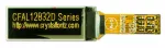 The CFAL12832D-BY is one of three CFAL12832DB* series. It is a yellow-on-black graphic OLED - front view, power on. ZIF FPC tail shown cropped.