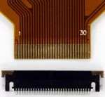A close up view of the CFAL160128B-F-B2s 30 pin FFC with an FCI SFV30R-2STE1LF connector, 609-1882-1-ND, readily available from Digi-Key.