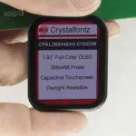 368x448 high density 1.93-inch full-color graphic OLED display module with capacitive touchscreen. Front view, in   hand to show size and perspective.