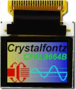 This CFAL9664B-F-B1 is a 0.95 inch 96x64 full color OLED display. front view, power on, tail unfolded. Image is as the eye perceives the display.