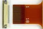 Close up photo of the 18 pin FFC and OR754CT-ND Omron 18 pin ZIF connector from Digi-Key