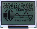 The CFAX12864U1-TFH is a 128x64 dark on light gray LCD display � front view, power on, backlight off, tail folded.