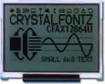 The CFAX12864U-TFH is a 128x64 dark on light gray LCD display � front view, power on, backlight off, tail folded.