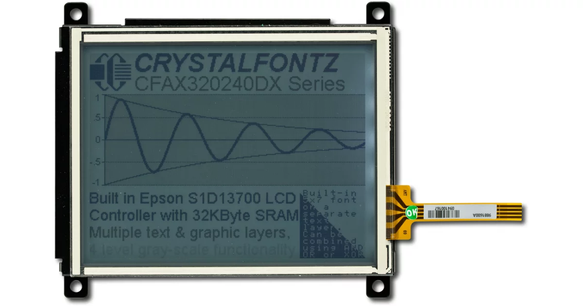 320x240 Resistive Touch Monochrome LCD from Crystalfontz