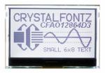 The CFA211-TFH is a an Arduino shield with a 128x64 CFAO12864D3-TFH graphic LCD display mounted on a CFA-10072 board – front view (power on, backlight on), showing a bit of the board behind it.