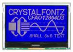The CFA212-TMI is a complete development kit with an Seeeduino (Arduino Uno R3 clone), and a 128x64 CFAO12864D3-TMI graphic LCD display (power on, backlight on) mounted on a CFA-10072 board. This is the top view showing the display with a bit of the CFA-10072 board visible behind it. The included Arduino is below the CFA-10072.