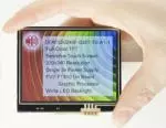320x240 EVE TFT LCD, front view, powered on, in hand to show perspective.