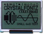 The CFAX12864U1-TFH is a 128x64 dark on light gray LCD display – front view, power on, backlight off, tail folded. The CFAX12864U1-TFH is a 128x64 dark on light gray LCD display – front view, power on, backlight off, tail folded.