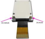 The CFAO4265A-TFK is a 1.0 42x65 dark on light gray LCD display –  back view, tail unfolded, A and K backlight connections labeled.