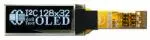 small 128x32 OLED with white text on black background. Front view, powered on.