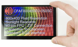 800x400 5inch TFT LCD, Front view, powered on, in hand to show size and perspective.