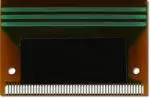 The CFAX12864U-NFH is a 128x64 dark on light gray LCD display. Close-up detail of FPC and contacts.