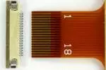 The CFAX12864U1-NFH is a 128x64 dark on light gray LCD display. 
Close up photo of the 18 pin FFC and OR754CT-ND Omron 18 pin ZIF connector from Digi-Key
