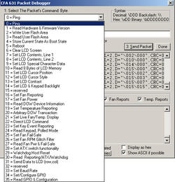 Every command available in the CFA-631 firmware can be selected from the drop-down menu.