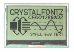 The CFA211-TFH is a an Arduino shield with a 128x64 CFAO12864D3-TFH graphic LCD display mounted on a CFA-10072 board – front view (power on, backlight off), showing a bit of the board behind it.