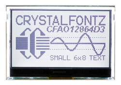 The CFA212-TFH is a complete development kit with a Seeeduino (Arduino Uno R3 clone), and a 128x64 CFAO12864D3-TFH graphic LCD display (power on, backlight on) mounted on a CFA-10072 board. This is the front view showing the display with a bit of the CFA-10072 board visible behind it. The included Arduino is behind the CFA-10072.
