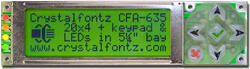 20x4 Character USB LCD Display with backlight off. 4 bi-color status LED lights and a 6 button , illuminated, programmable keypad. Black letters on yellow-green background.