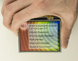 3.5 320x240 Resistive touchscreen TFT LCD display, in hand to show size and perspective.