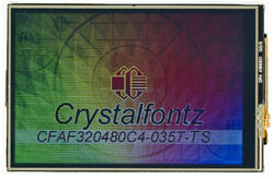 The CFAF320480C4-035T-TS is a 3.5 320x480 color TFT LCD display with resistive touch screen. Image as camera perceives the display.
