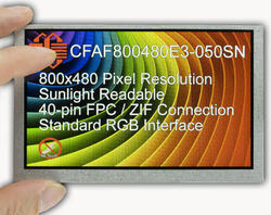 800x480 Sunlight Readable TFT Display, In-hand to show size and perspective, Powered On.