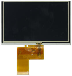 800x480 Sunlight Readable Resistive Touchscreen TFT Display. Front view, powered off with FPC tail unfolded.