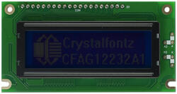 122x32 graphic LCD with white letters and a blue background. Front view, powered on backlight off.