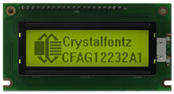 122x32 pixel, standard graphic LCD with dark letters on a yellow-green background. Front facing, powered on, lighting dimmed to show backlight.